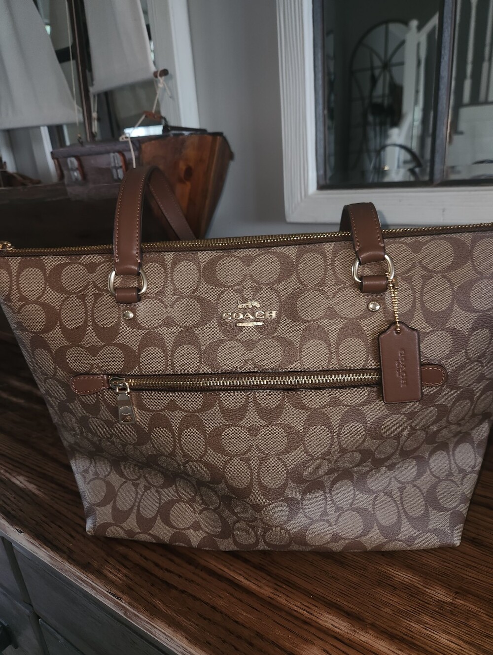 Coach Khaki/Brown Signature Canvas Tote with Leather Trim